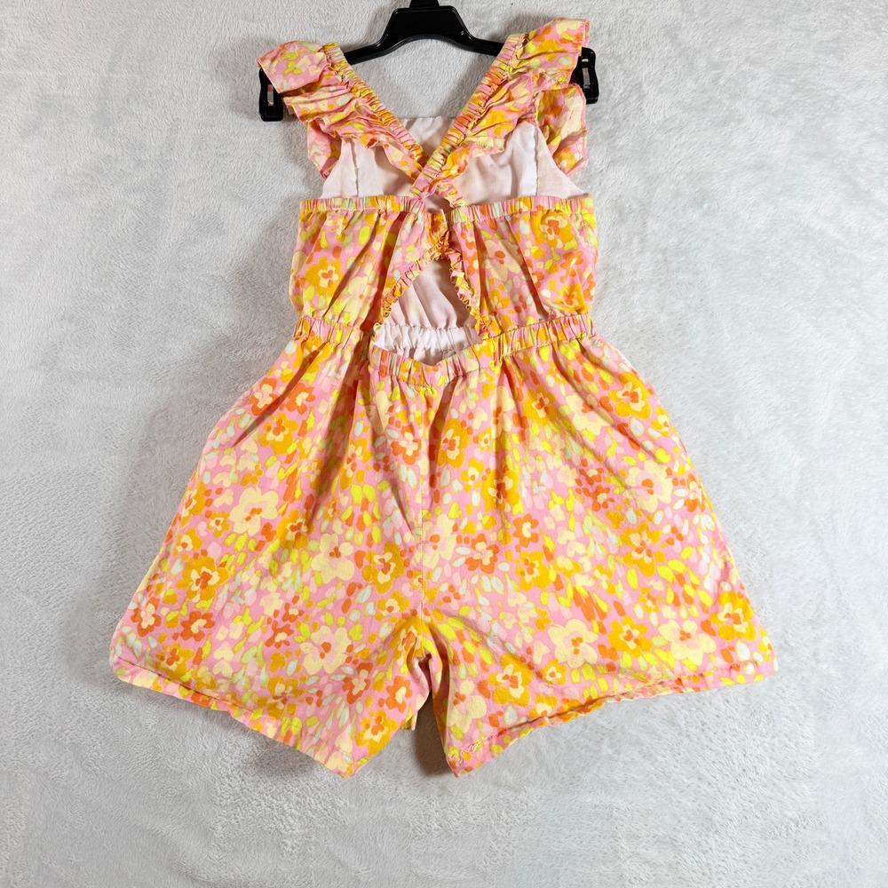 EttaVee Girls Vibrant Floral Ruffle Cross Back Romper‎ Size 8 Pink Orange Yellow - Picture 2 of 10